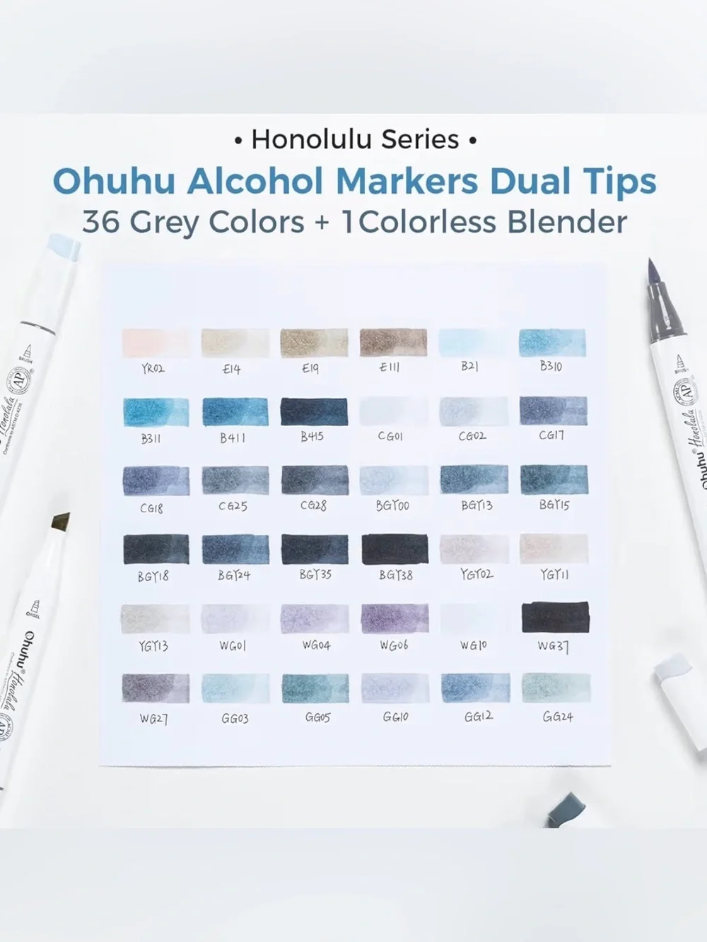 Ohuhu Dual Tip Art Markers - Cool Greys & Blues Set